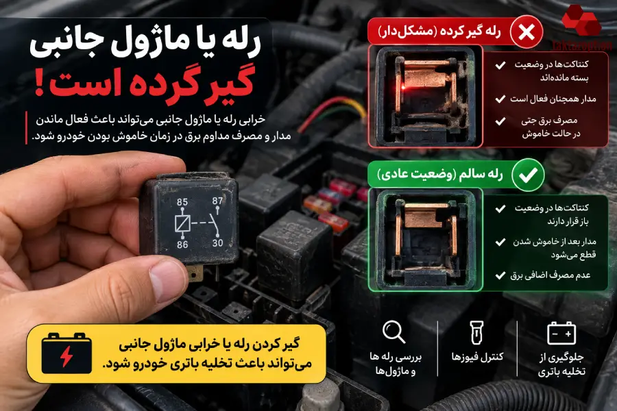 مقایسه رله گیر کرده و رله سالم در سیستم برق خودرو